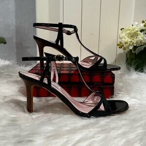 NEW Isaac Mizrahi Vintage Leather T-Strap Ankle Wrap High Heel Sandals Navy 5.5